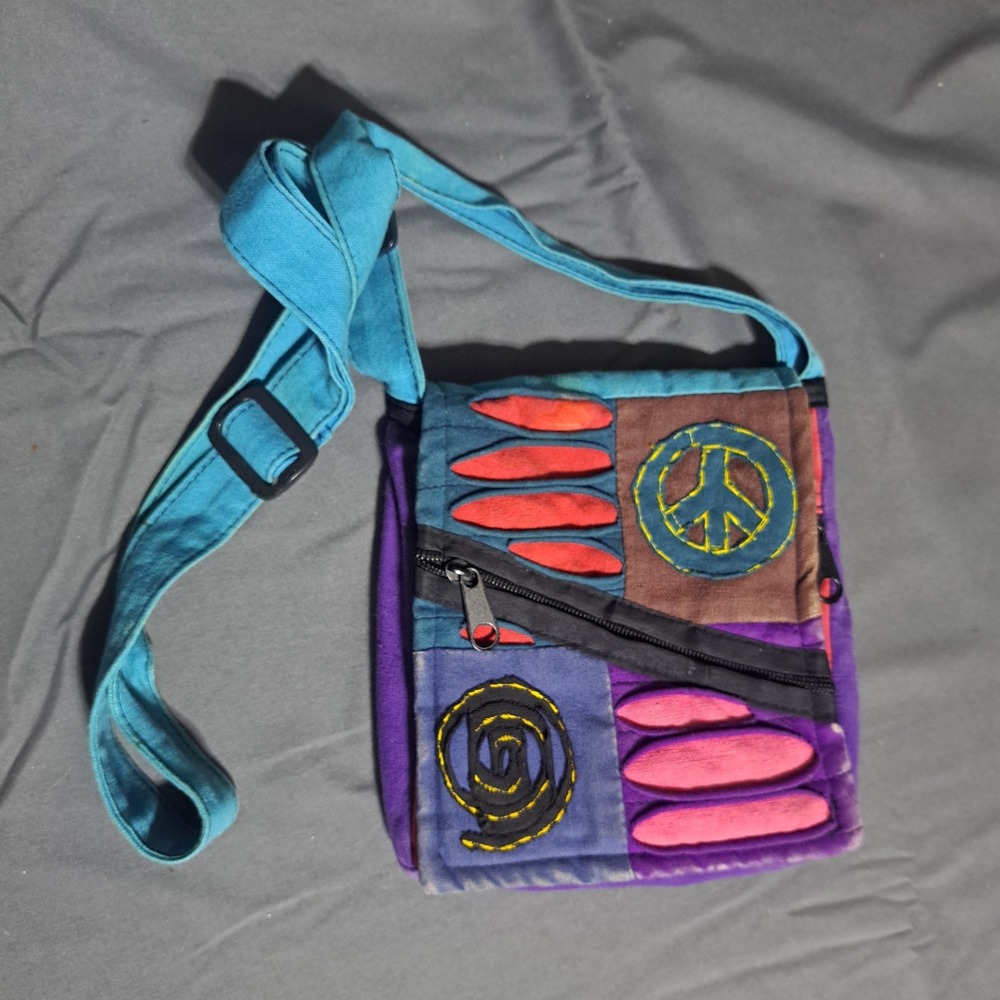 Peace Patch 100% Cotton Crossbody Bag Made In Nepal Boho Festival Flap Front Zip